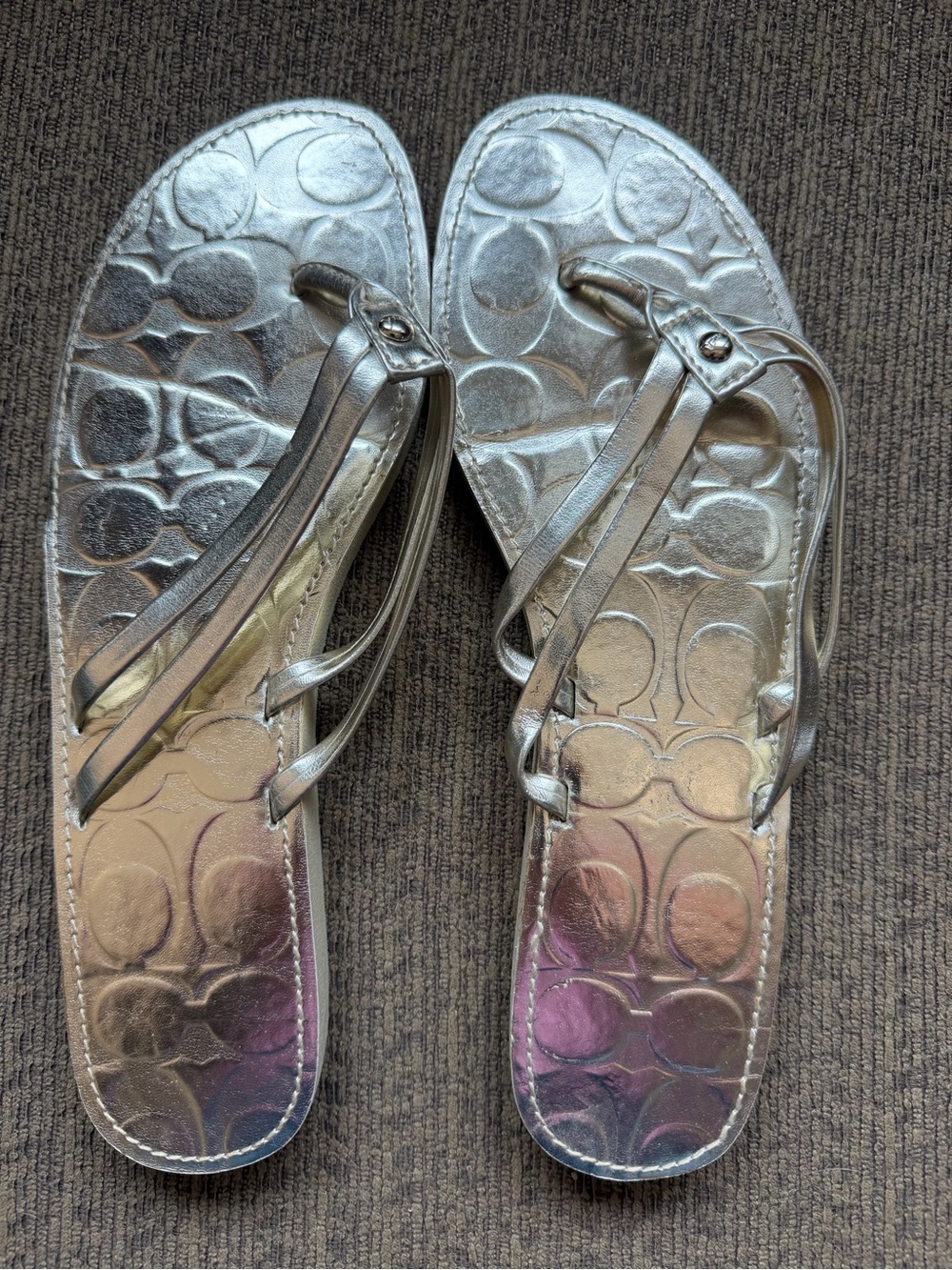 Coach Metallic Silver Logo-Embossed Women’s Strappy Thong Sandals